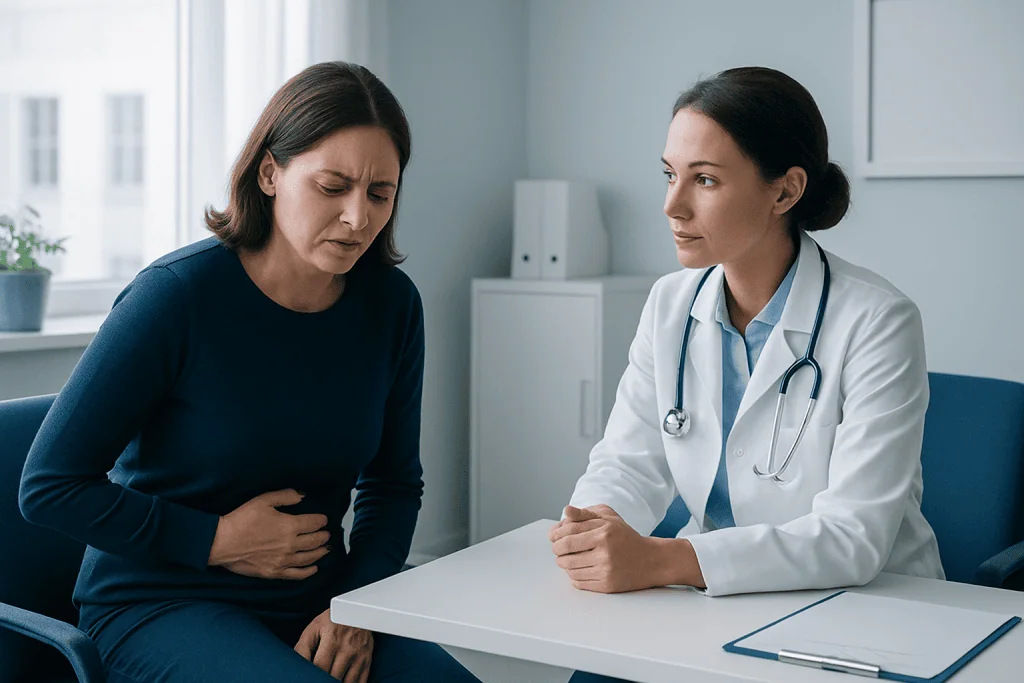 Doctor consulting with a woman patient about stomach pain.