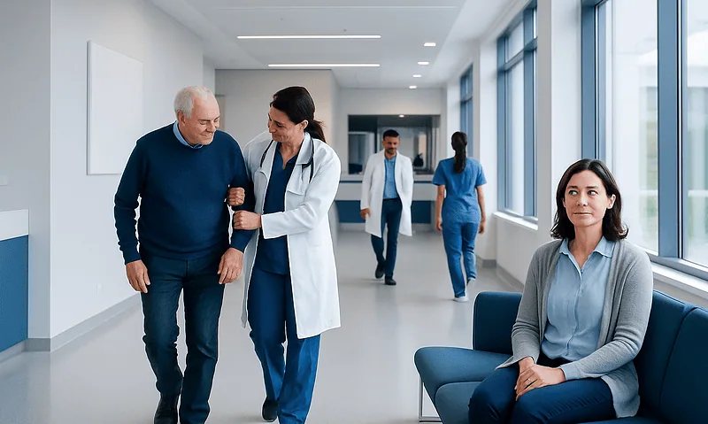 Senior patient walking with nurse in hospital corridor at Acibadem Hospitals Group.