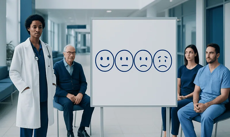 Patients and doctor discussing pain faces chart in hospital setting.