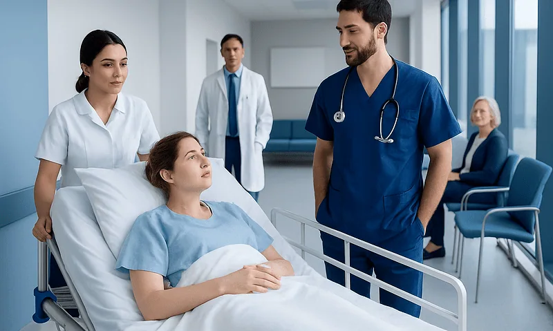 Medical team discussing patient care in hospital room.