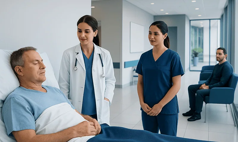 Doctors consulting with a patient in a hospital corridor.