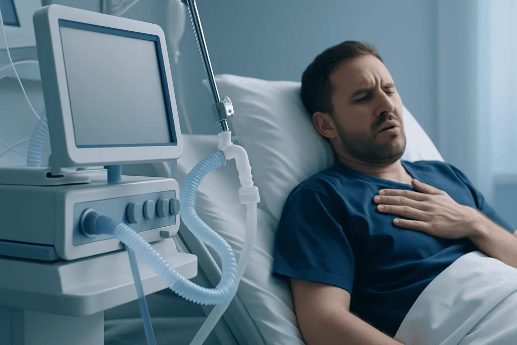 Man in hospital bed experiencing difficulty breathing with medical ventilator nearby.