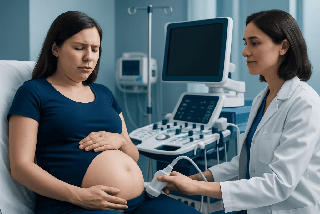 Pregnant woman undergoing ultrasound examination at hospital.