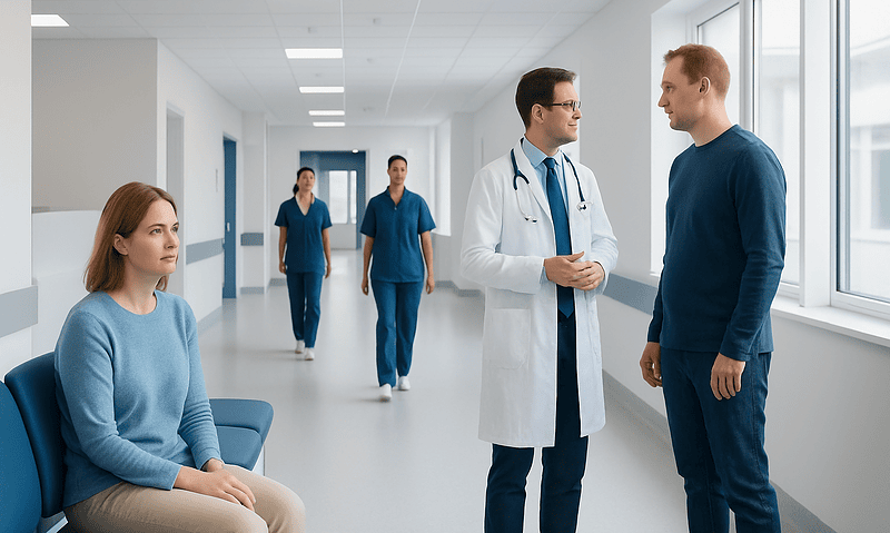 Doctor talking to patient in hospital corridor with nurses in background.
