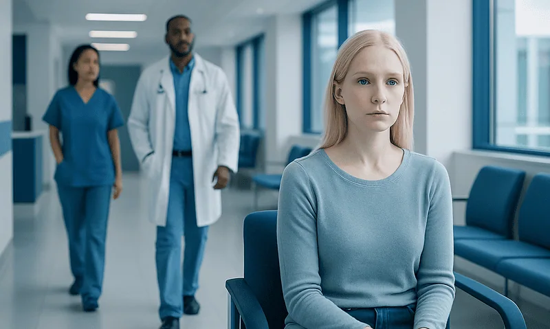 Young woman waiting in hospital corridor with medical staff in background.