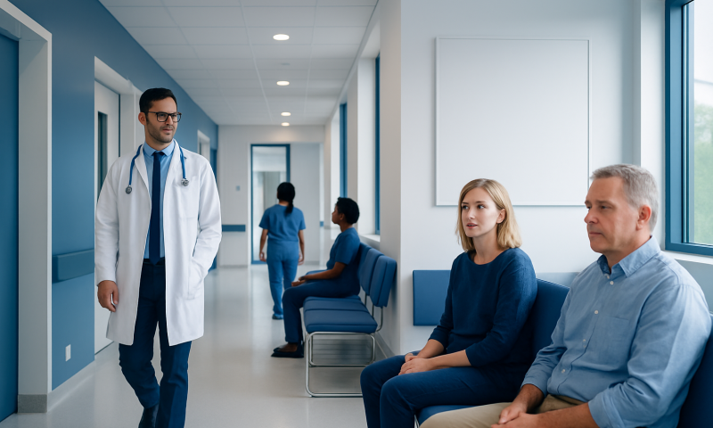 Doctor talking to patients in hospital corridor with waiting area.