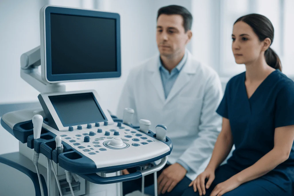 Medical professionals using ultrasound equipment in a hospital setting.