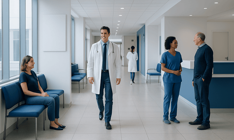 Healthcare professionals and patient in hospital corridor at Acibadem Hospitals Group.