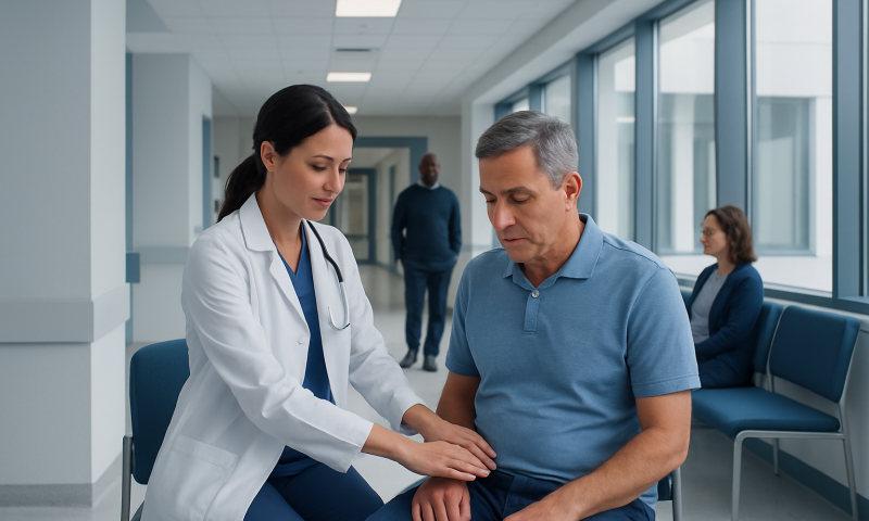 Doctor examining a patient in a hospital corridor for palpation.
