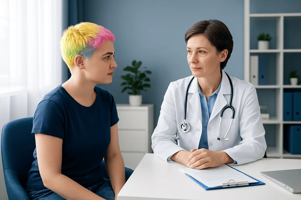 Young woman with colorful hair consulting a doctor in a medical office.