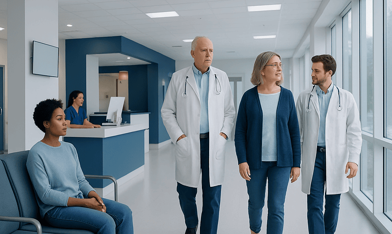 Medical team consulting in a modern hospital corridor with patient waiting nearby.