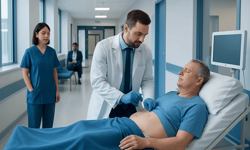 Doctor examining patient in hospital room with medical staff nearby.