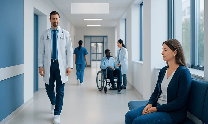 Medical professionals and patient in hospital corridor at Acibadem Hospitals Group.