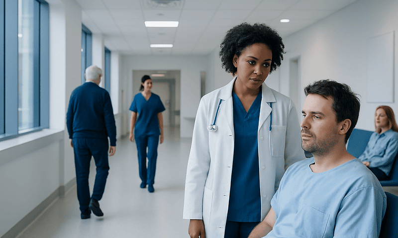 Healthcare professionals discussing patient care in hospital corridor.