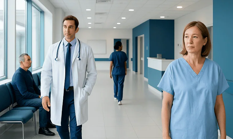 Medical professionals in a hospital corridor with patients and staff.