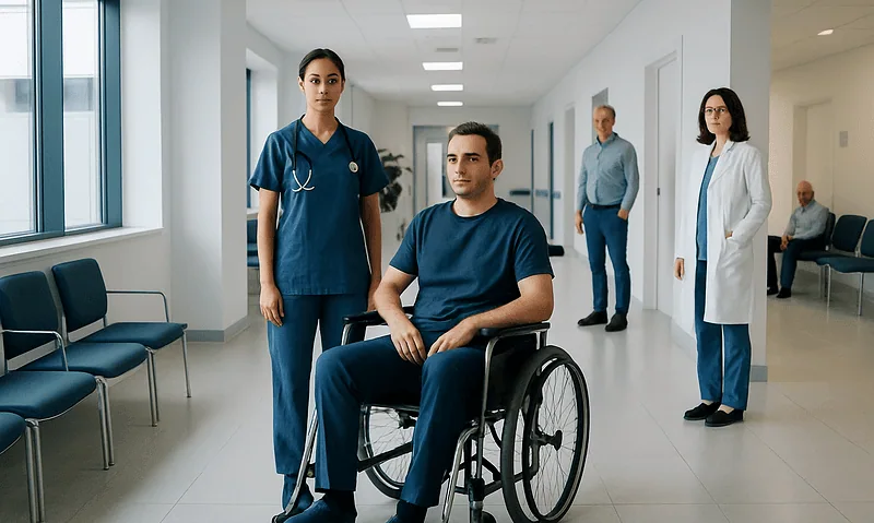 Patient in wheelchair with medical staff in hospital corridor.