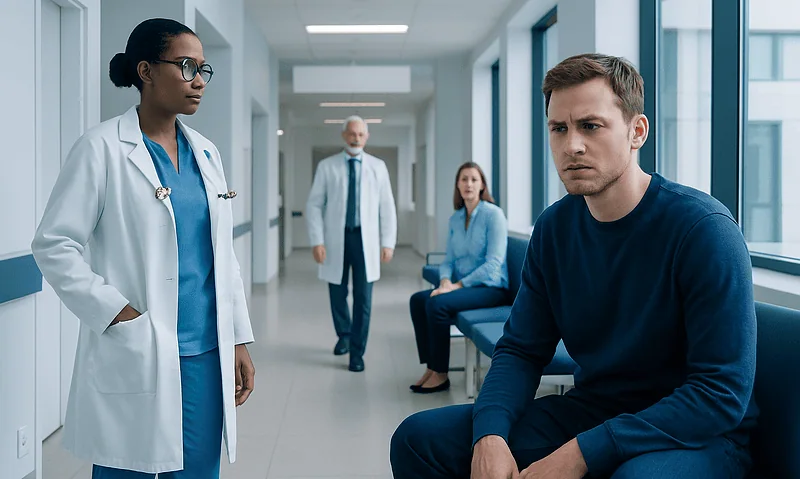 Patient experiencing anxiety in a hospital corridor with medical staff nearby.
