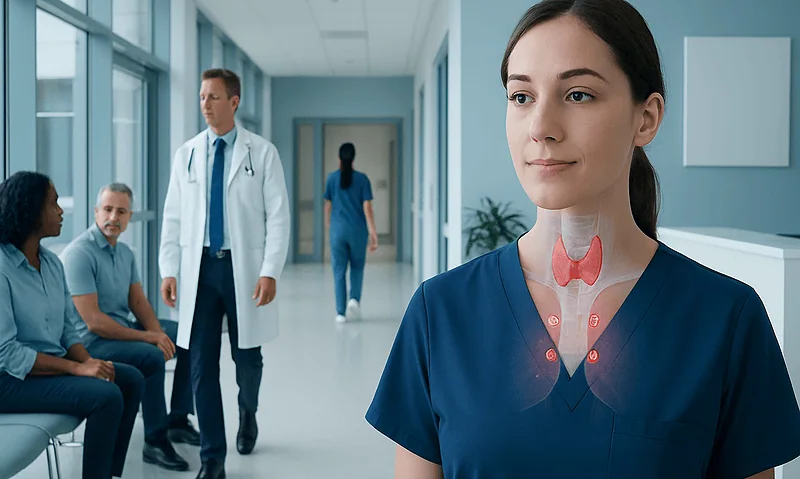 Medical professional with thyroid illustration in hospital corridor.