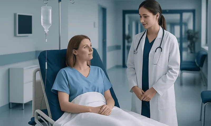Parenteral Feeding: An Evidence-Based Guide for Patients 4 Hospital nurse and patient discussing treatment in a modern hospital room.