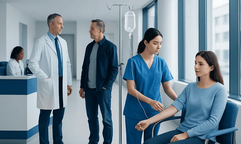 Healthcare professionals monitoring a patient receiving IV therapy in hospital.