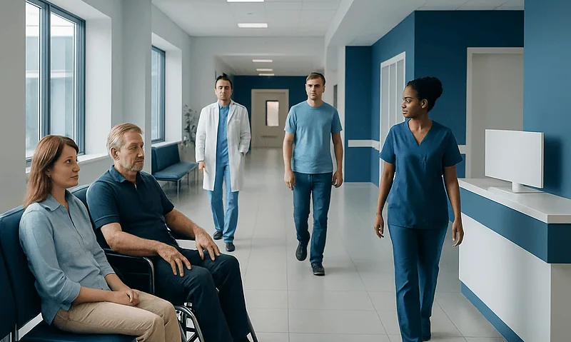 Hospital corridor with patients and medical staff in a modern healthcare facility.