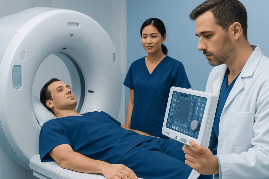 Patient undergoing a CT scan at Acibadem Hospital with medical staff present.