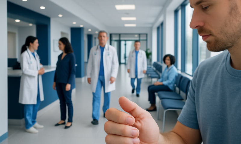 Patient in hospital corridor with medical staff in background.