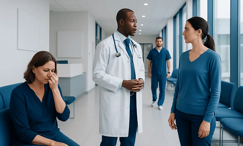 Medical consultation with healthcare professionals in a hospital corridor.