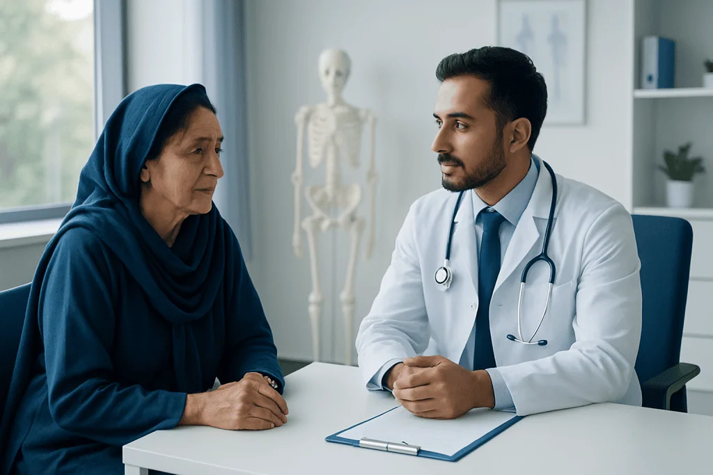 Doctor consulting with an elderly woman in a medical office at Acibadem Hospitals Group.