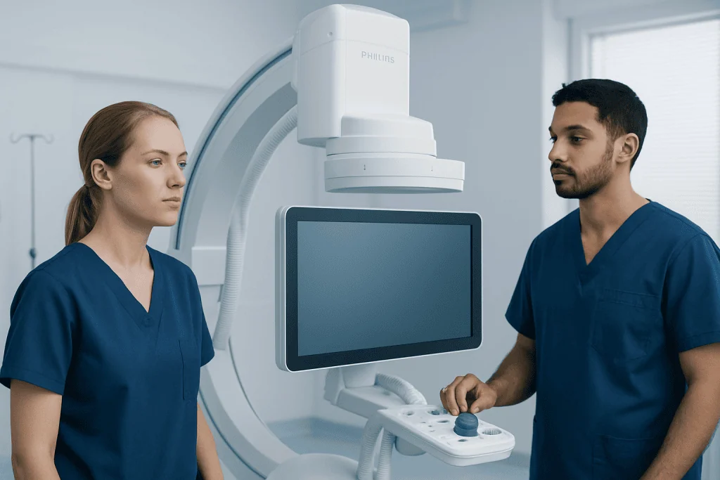 Medical professionals operating advanced imaging equipment in a hospital setting.