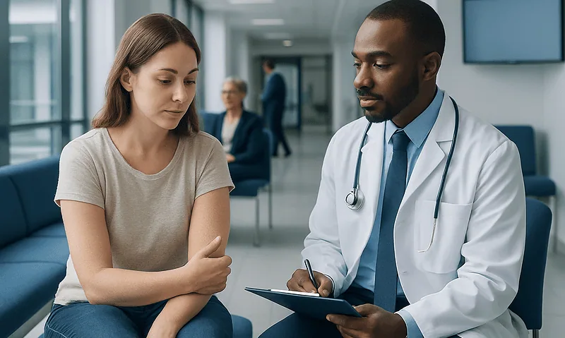 Doctor consulting a young woman in a hospital waiting area.