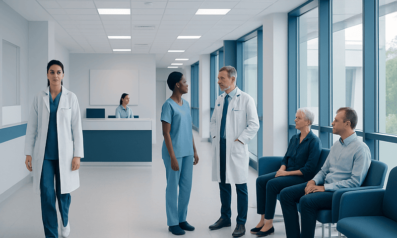 Medical professionals and patients in a modern hospital corridor.