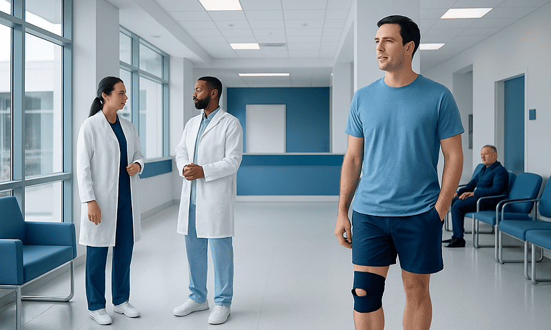Patient with knee injury consulting doctors at hospital.