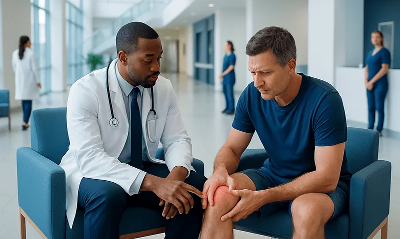 Doctor examining patient's knee in a hospital corridor.
