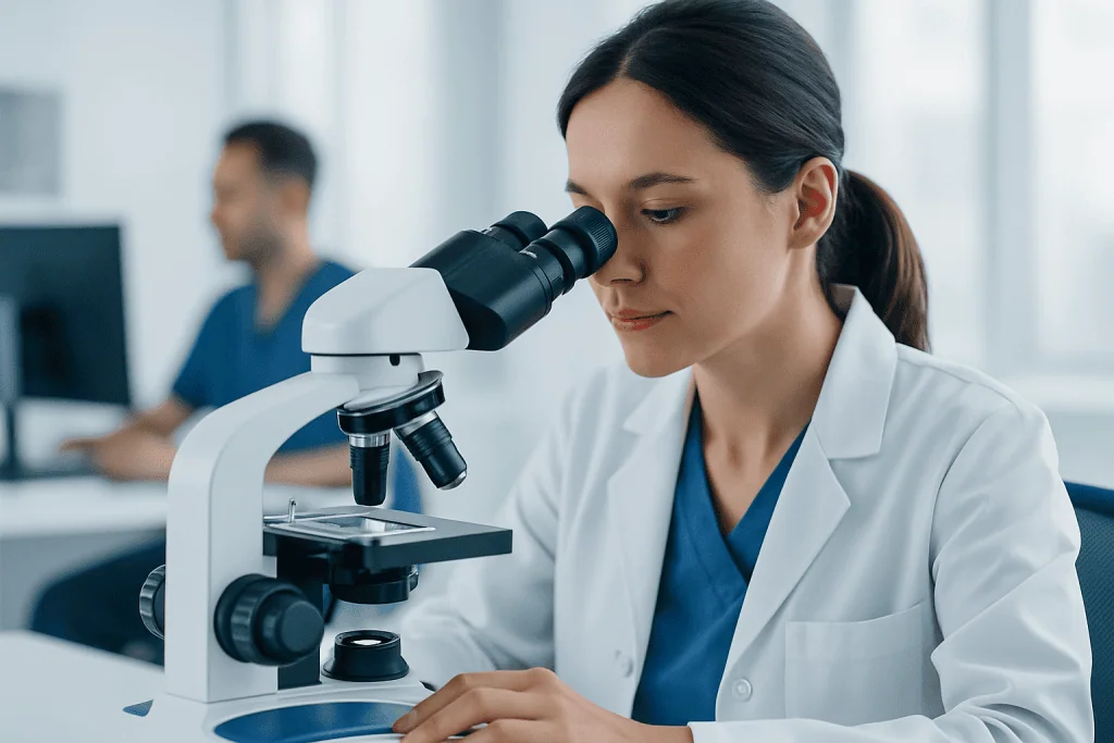 Female scientist examining samples with a microscope in a laboratory setting.