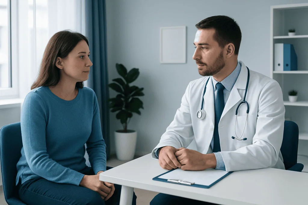 Doctor consulting with a female patient in a modern medical office.