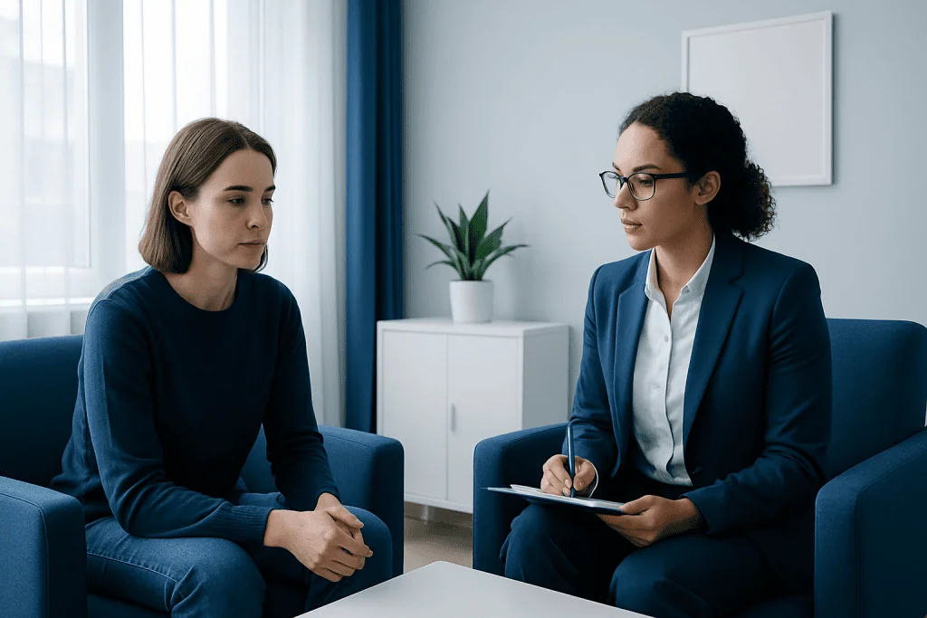 Therapist and patient in a mental health consultation room.
