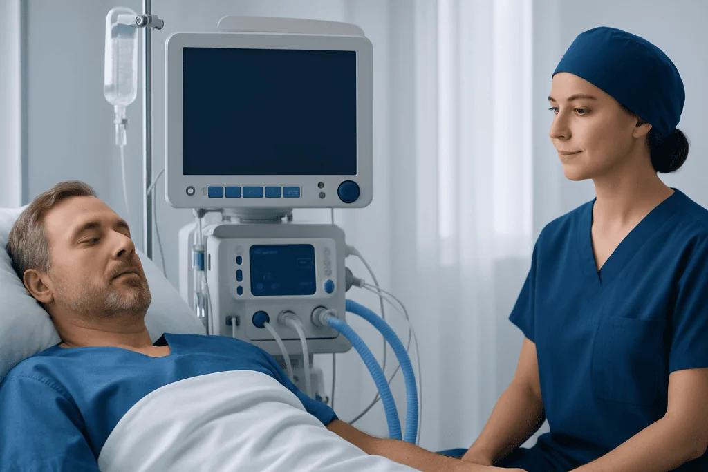 Patient in hospital bed with nurse and medical equipment nearby.