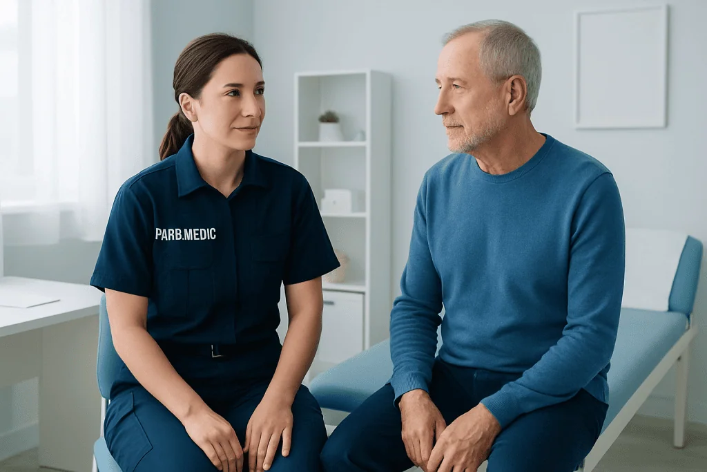 Paramedic consulting an elderly patient in a medical office setting.