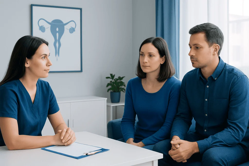 Fertility consultation at Acibadem Hospital with doctor and couple discussing treatment options.