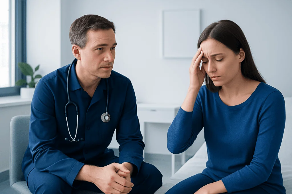 Doctor consulting with a woman patient experiencing headache or discomfort.
