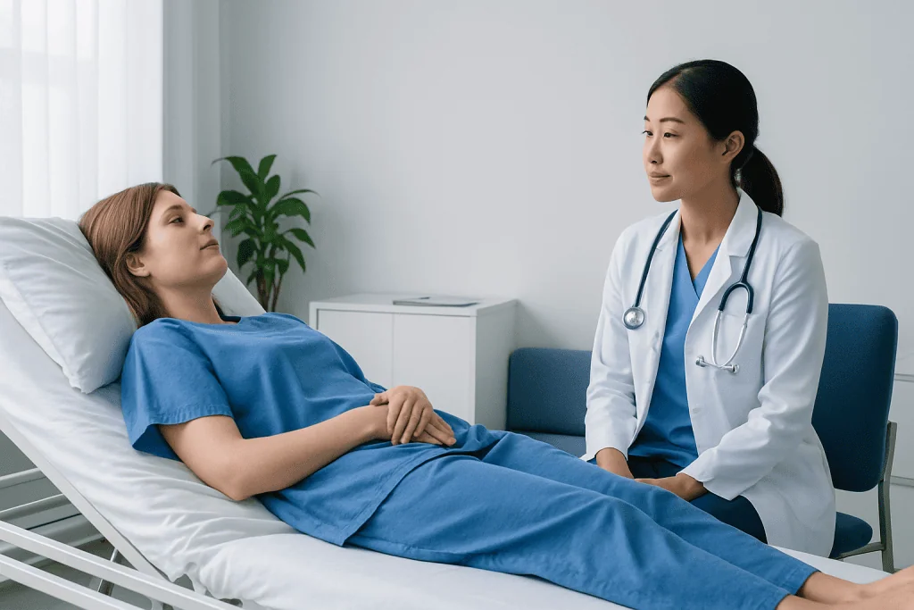 Doctor consulting with patient in hospital bed at Acibadem Hospitals Group.
