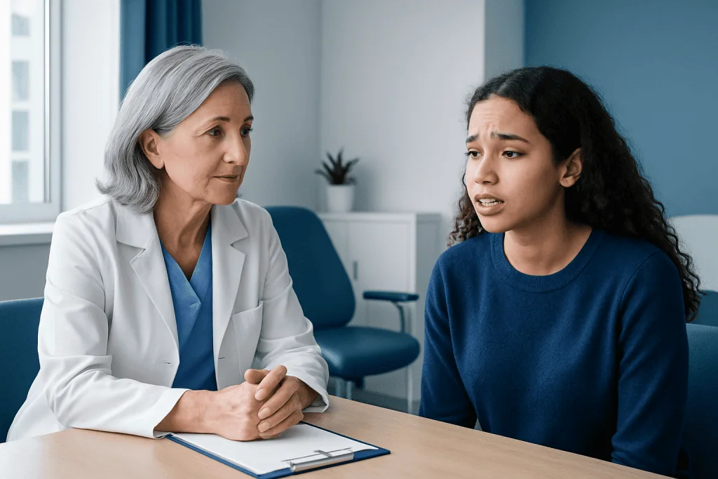 Doctor consulting with young female patient about dental braces elastics.