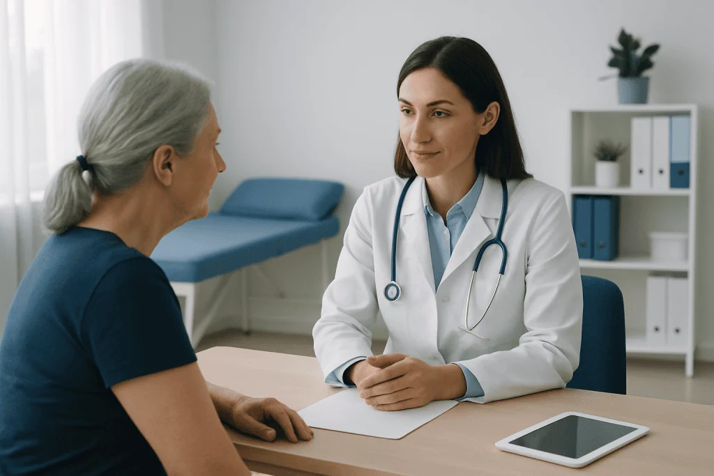 Doctor consulting with an elderly patient in a medical office setting.