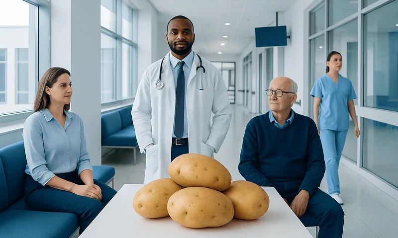 Potatoes: An Evidence-Based Guide for Patients 3 Doctor with patients and potatoes in a hospital corridor.