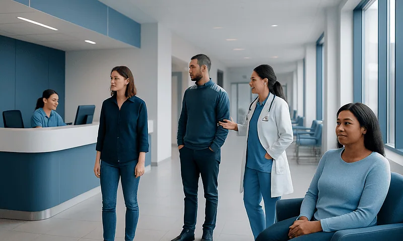Patients and healthcare staff in a modern hospital waiting area.
