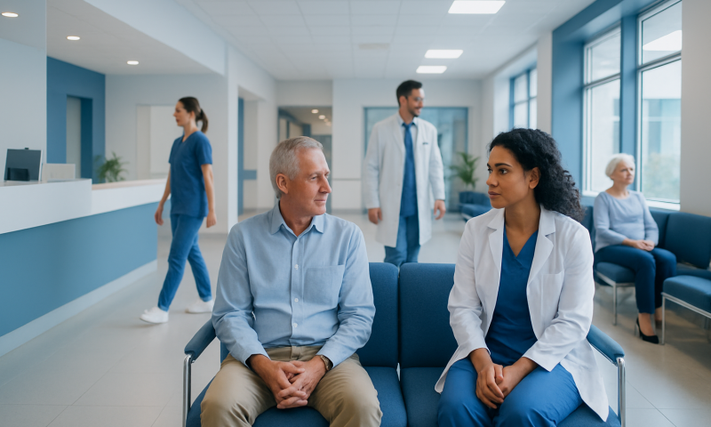 Hospital waiting area with patients and medical staff.