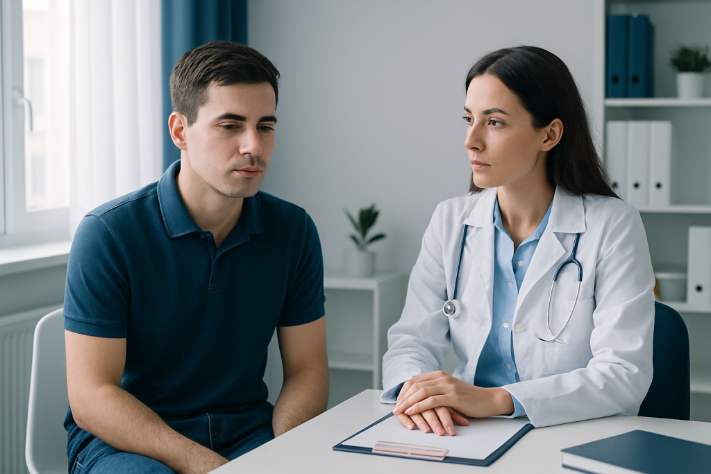 Patient consulting with doctor in a medical office setting.