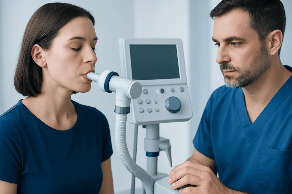 Medical professional performs spirometry test on patient in hospital.