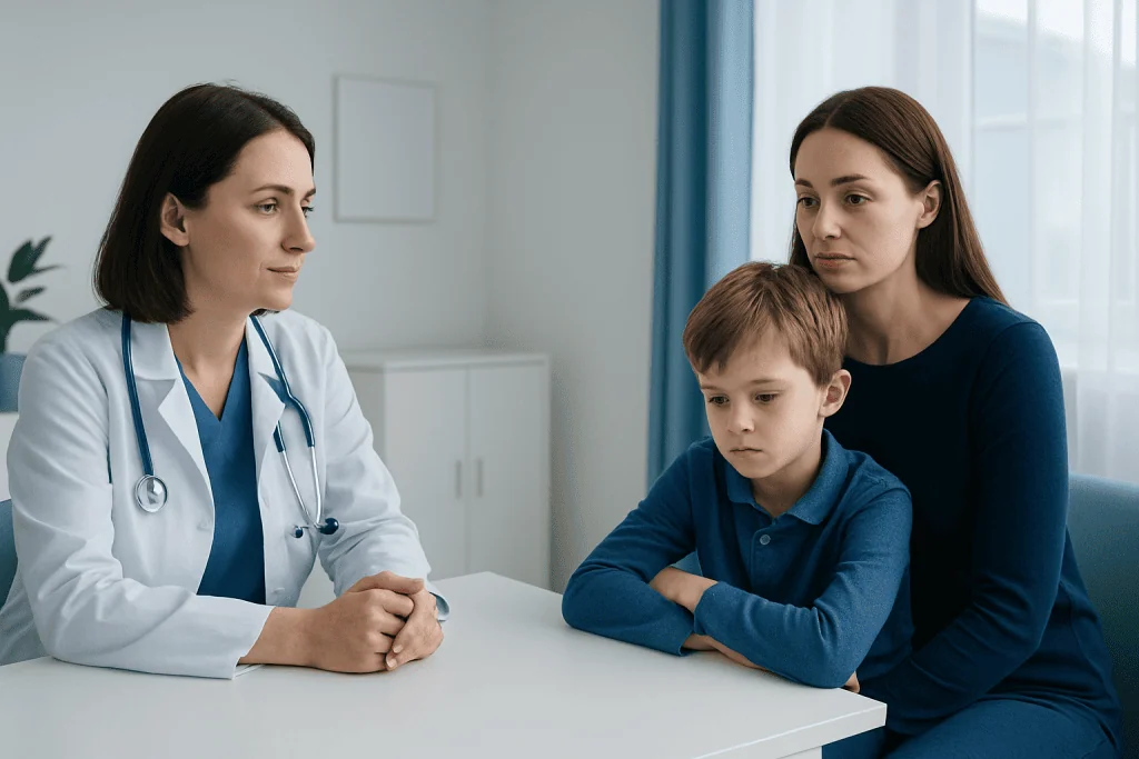 Doctor consulting with mother and child in a hospital setting.